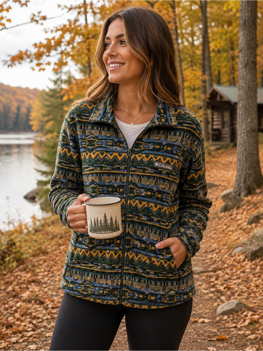 Columbia Women’s Full-Zip Printed Fleece Jacket – Size Large – Green Blue Tan
